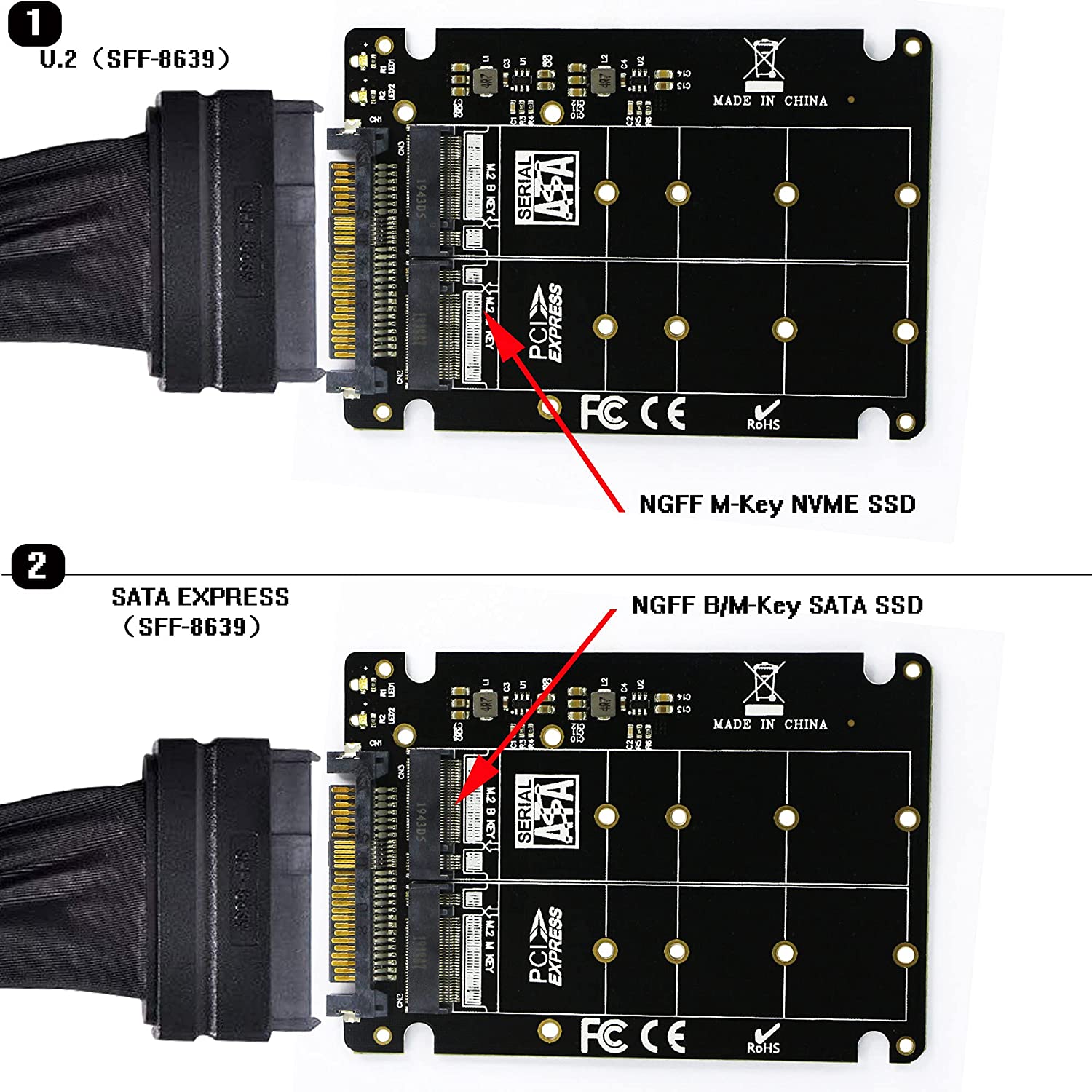 Piplus Key Pi+® (PiPlus®) M.2 NGFF SSD(Key M) Key B SSD to U.2 SFF-8639 Adapter