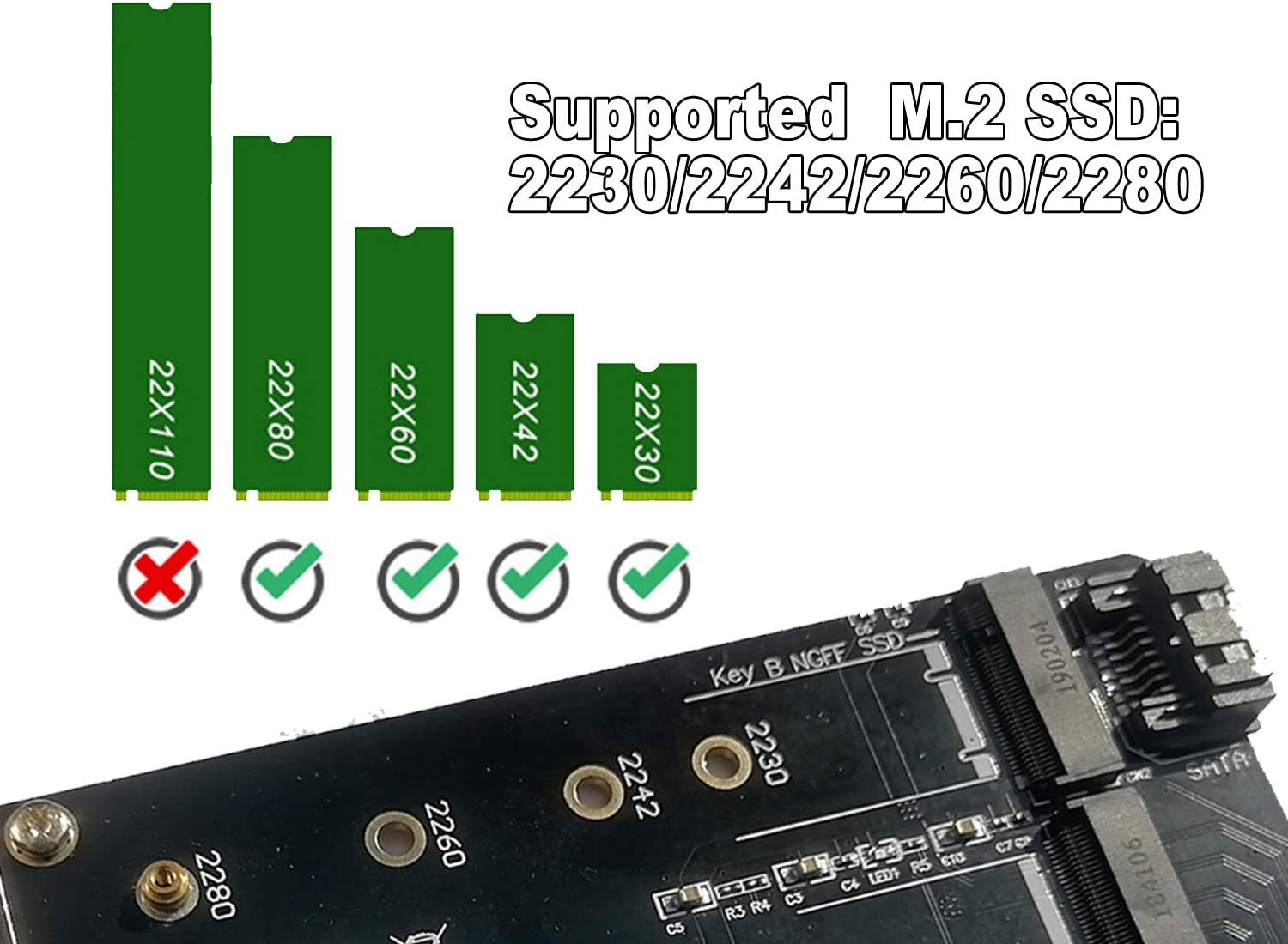 Dual M.2 PCIE Adapter for SATA or PCIE NVMe SSD with Advanced Heat Sink  Solution,M.2 SSD NVME (m Key) and SATA (b Key) 22110 2280 2260 2242 2230 to